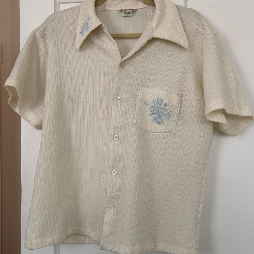 Men's Vintage Button Down, Cream with Blue Embroidery